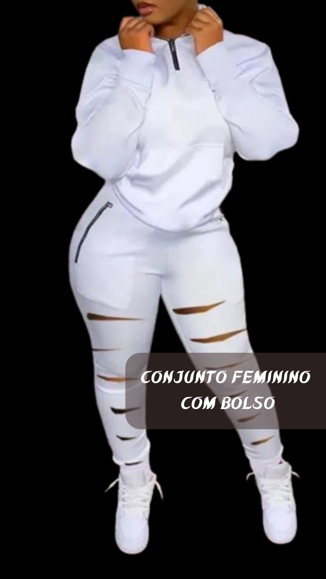 Conjunto de calças de bolso com recorte de manga comprida feminino